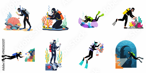 Set of illustrations featuring marine biologists and scuba divers conducting scientific research and exploration on coral reefs and underwater ecosystems.