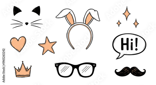 Cute Doodle Elements: Cat Ears, Bunny Ears, Crown, Glasses, Mustache, Heart, Star, Hi Speech Bubble