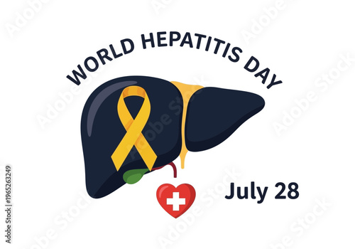 World hepatitis day awareness poster with liver and yellow ribbon