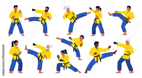 Diverse Martial Arts Fighters in Yellow Gi Performing Kicks and Punches