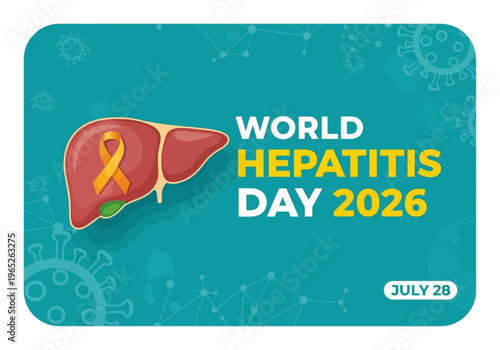 World hepatitis day 2026 poster with liver and yellow ribbon on teal background