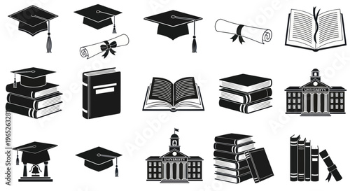 Education Icons: Graduation Caps, Books, Diplomas, and University Buildings