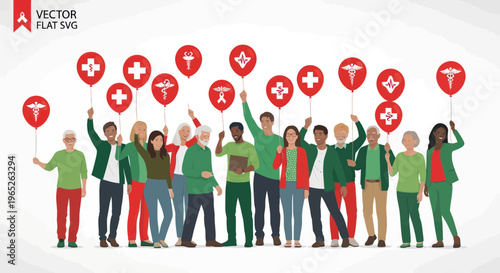 Diverse group of people holding red medical symbol balloons, healthcare concept