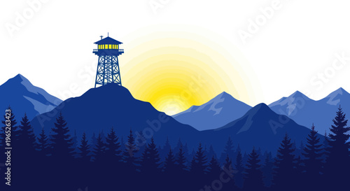 Sunrise over mountain range with forest fire lookout tower, natural landscape.
