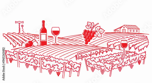 Vineyard Landscape with Wine Bottle, Grapes, and Glasses