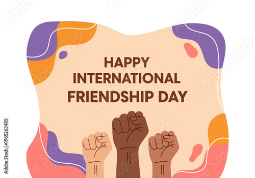 Happy international friendship day with fists and abstract shapes