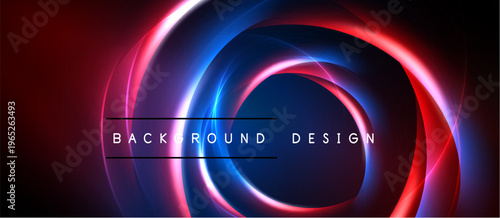 Abstract design features vibrant concentric circles. Red, blue hues create dynamic visual effect. Dark background emphasizes glowing elements.