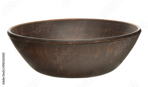 Rustic ceramic  empty bowl made of natural clay with worn surface and vintage look, brown earthenware dish isolated on transparent background, side view