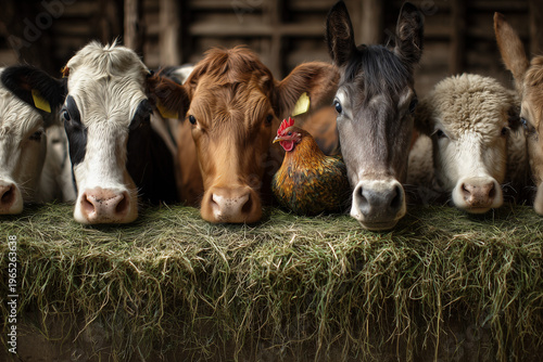 Farm Animals Eating Green Haylage from Trough Cows Horses Sheep Goats and Chickens Close Up Scene