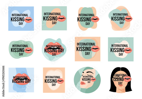 International kissing day colorful square and circle stickers with lips