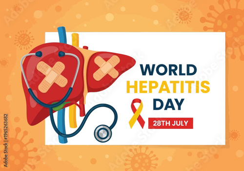 World hepatitis day graphic with liver and stethoscope on orange background