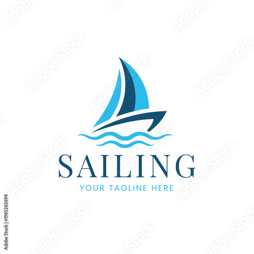 Modern and minimalist blue sailboat logo template riding on ocean waves. Perfect for marine, travel, yacht club, or nautical business branding and identity. Clean vector graphic design.