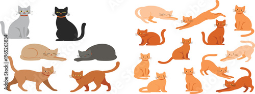 Large set of domestic cats in various poses including stretching sitting and walking flat vector animal illustration