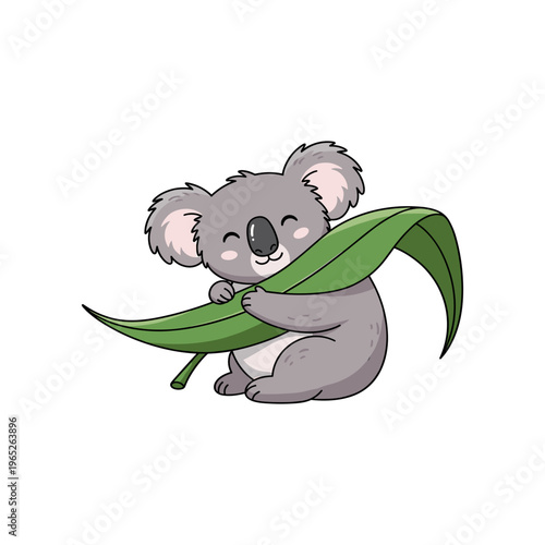 Cute Koala Holding Green Leaf.