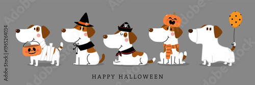 Happy halloween invitation card with cute puppy and dog in ghost party costumes. Animals holidays cartoon character. -Vector 