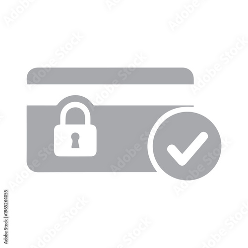 Monochrome graphic displays a stylized bank card next to a locked symbol and a circular checkmark validation mark.