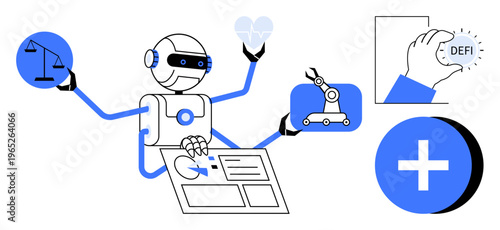 AI concept. AI exploring tasks in technology, finance, and law. AI for process automation, decentralized finance, and decision-making. For tech, automation law finance innovation and AI tools