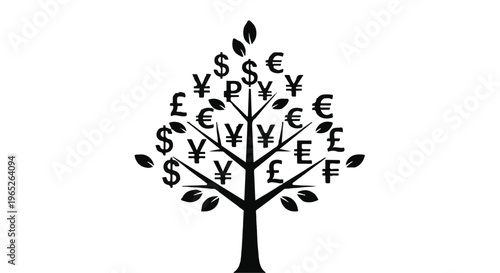 Money tree illustration displays global currency symbols as its growing leaves.