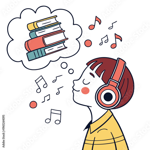 Audiobooks and Imagination: Boy with Headphones Dreaming of Books