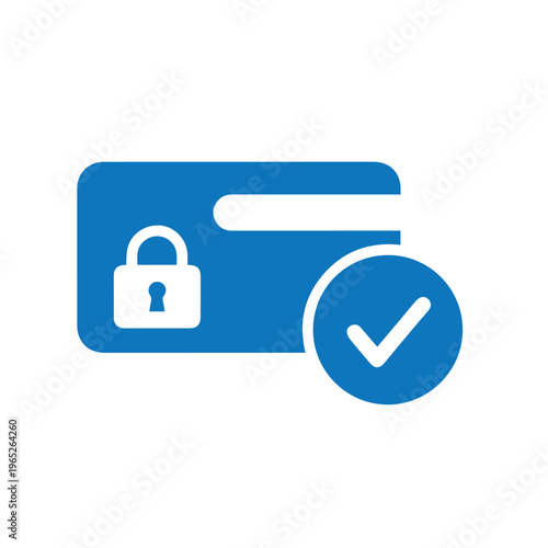 Simple blue icon depicting a credit card with an attached padlock and a prominent checkmark circle.