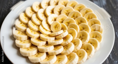 Sliced Banana Arrangement on a White Plate.