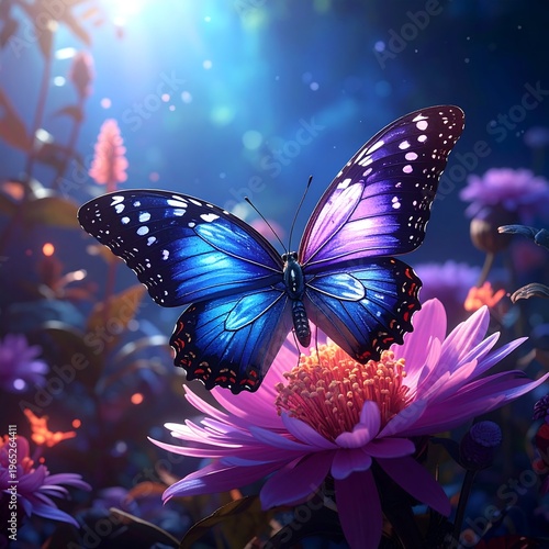 A vibrant blue butterfly perches on a pink flower