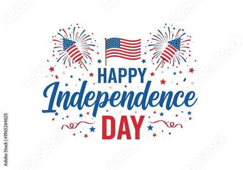 Happy independence day celebration with american flags and fireworks