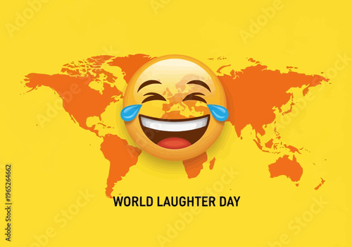 World laughter day yellow poster with laughing emoji and world map