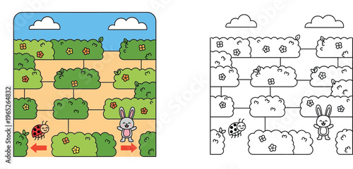Garden Maze Puzzle and Coloring Page for Kids with Cute Ladybug and Rabbit Characters, Educational Activity Worksheet Vector Illustration Set for Children