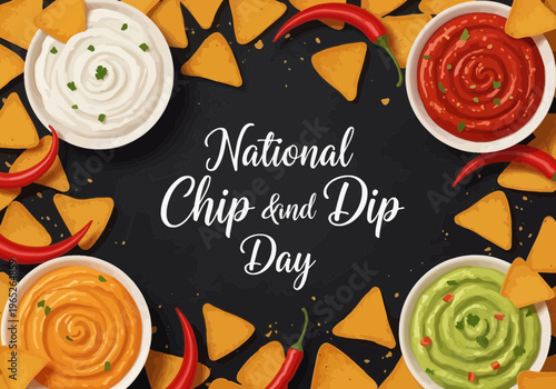 National chip and dip day celebration with nacho cheese salsa guacamole