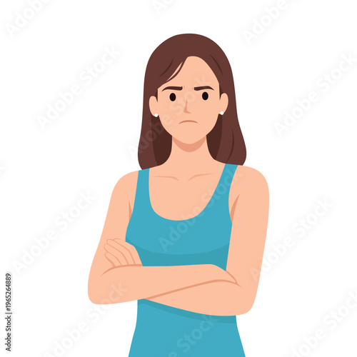 Serious woman with crossed arms showing disapproval or frustration. Flat vector illustration isolated on white background