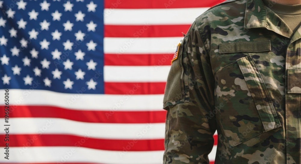 Fototapeta premium Memorial day tribute honoring fallen heroes in military uniform before american flag