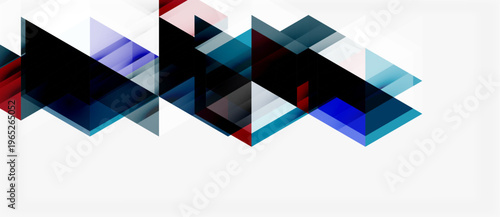 Abstract geometric shapes overlap, creating dynamic visual texture. Blues, blacks, whites dominate composition. Minimalist design.