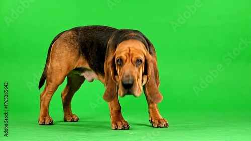 Sad bloodhound dog with droopy ears on a vibrant green background