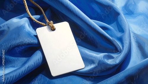 A white tag on a blue cloth