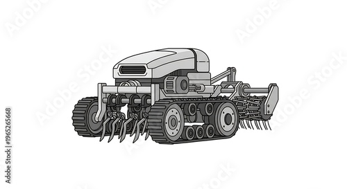 An illustration of a large piece of agricultural machinery with a plow attachment