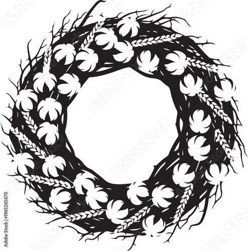 Black and white floral wreath, lily of the valley vector, twig circle frame, botanical illustration