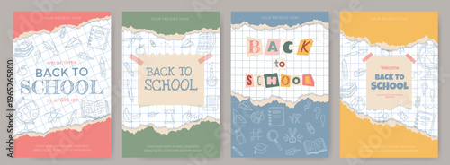 Set of vertical banners and posters for Back to School. School posters with torn paper, modern typography, letters cut out from magazines, and collage elements. Hand drawn school stationery on noteboo
