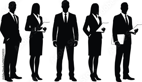 Diverse business professional silhouettes holding documents and folders for corporate workflow flat vector character set