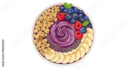 Vibrant fruit and granola bowl with purple smoothie