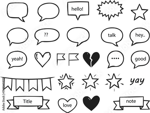 Hand-Drawn Comic Speech Bubble & Expression Set
Minimalist Social Media Doodle & Chat Icon Collection. Whimsical Black Ink Sketch of Stars, Hearts, and Banners
