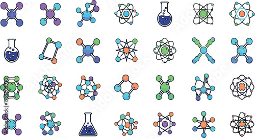 Chemistry Molecule and Atom Icon Set Vector Illustration with Molecular Structures, Atomic Models and Laboratory Flask Symbols for Science Education