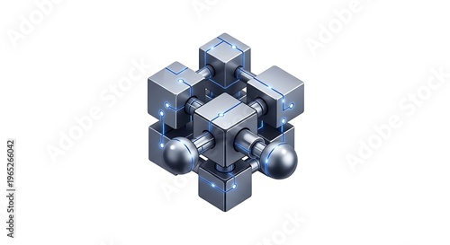 A 3d rendering of a metallic puzzle piece with multiple protrusions and a central cube