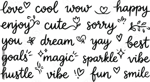 Charming Hand-Lettered Positivity and Wellness Quotes
Whimsical Cursive Doodle and Motivational Word Set. Minimalist Hand-Drawn Aesthetic Lettering Collection.Playful Ink Script Social Media Sticker. 