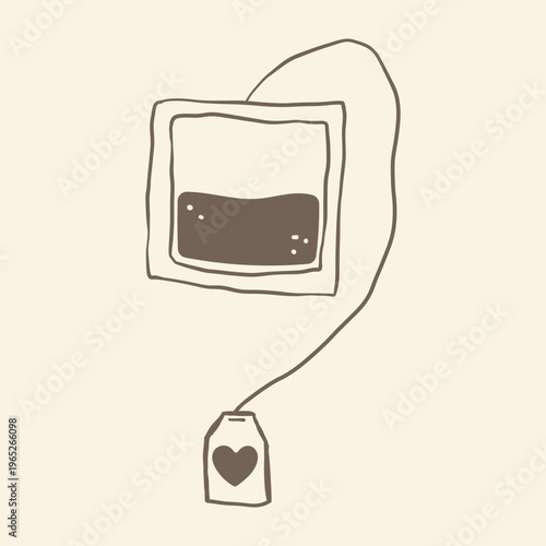 Tea bag illustration with string and tag. Minimal concept of hot drink, herbal infusion and natural beverage ingredient. Perfect for food packaging, cafe menu, kitchen design and wellness themes.