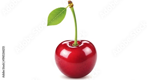 A vibrant red cherry with a green stem and leaf against a white background
