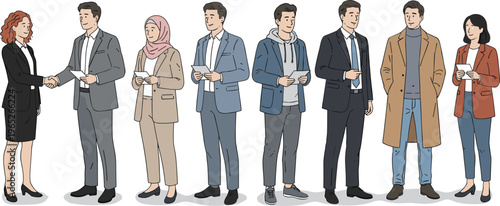 Diverse business professionals and entrepreneurs in modern office attire featuring professional handshake and inclusive fashion flat vector set