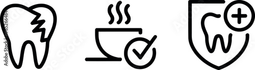 Illustrations representing dental care, hot beverages, and dental treatment options