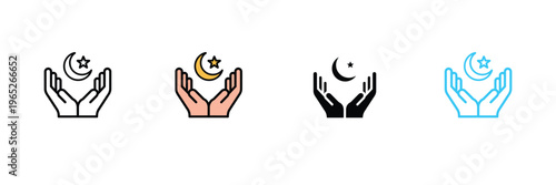 Hands Praying with Crescent Moon and Star Icon for Islamic Prayer, Ramadan Kareem, and Spiritual Supplication. Symbol Vector Illustration.