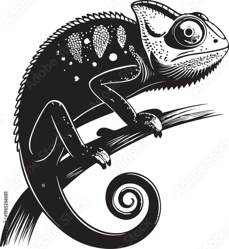 Chameleon Hand-drawn Sketch Drawing Vector Illustration, Line Linear Symbol Black and White Engraving, Isolated